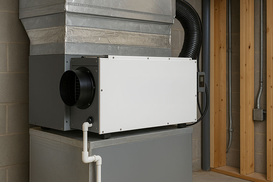 Whole home dehumidifier connected to HVAC ductwork in a residential utility area, helping control indoor humidity, improve air quality, and prevent moisture issues in The Woodlands, TX.